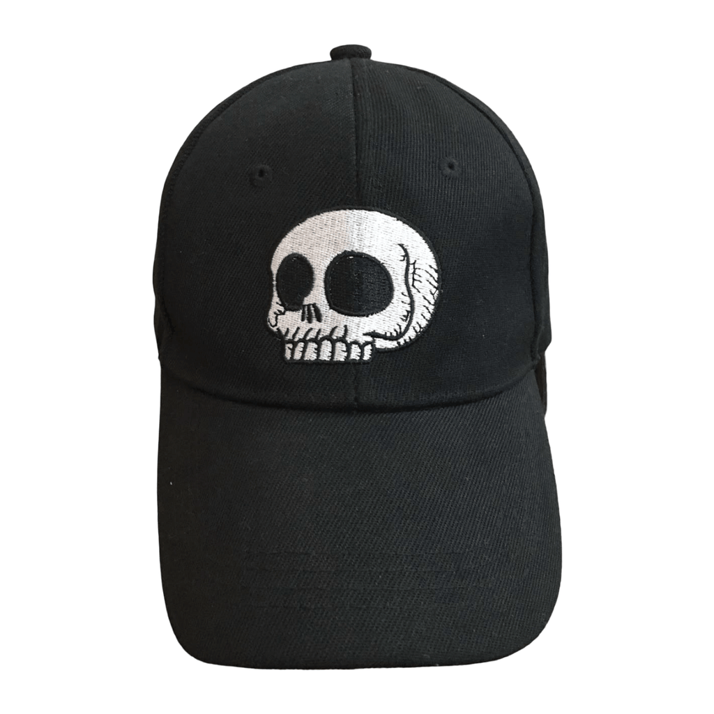 A black baseball cap featuring a white embroidered skull design on the front, set against a plain white background.