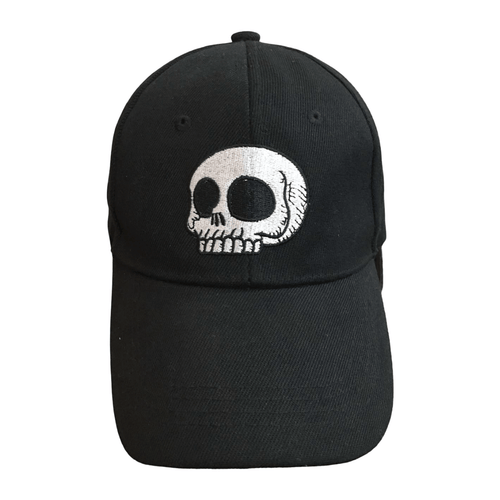 A black baseball cap featuring a white embroidered skull design on the front, set against a plain white background.