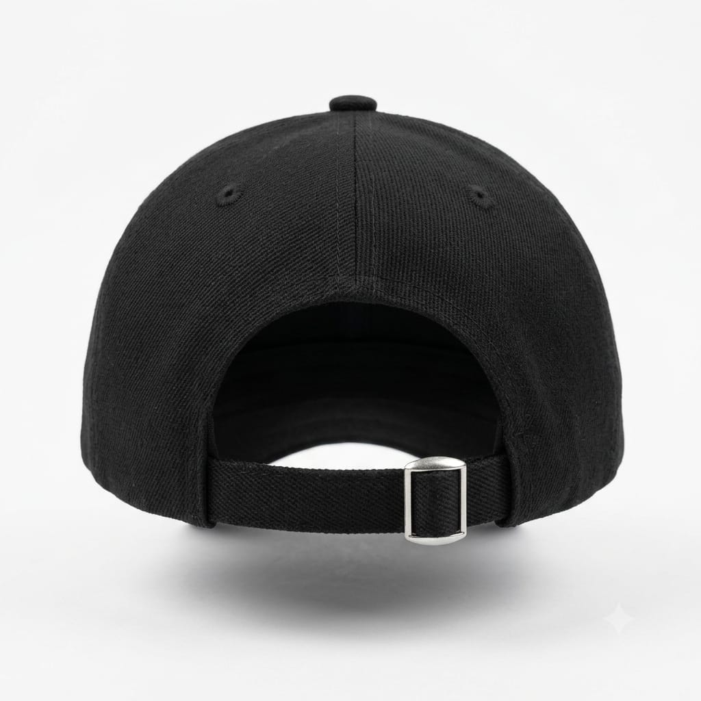 The back view of a black baseball cap with an adjustable black fabric strap and a silver metal buckle, shown on a light gray background.