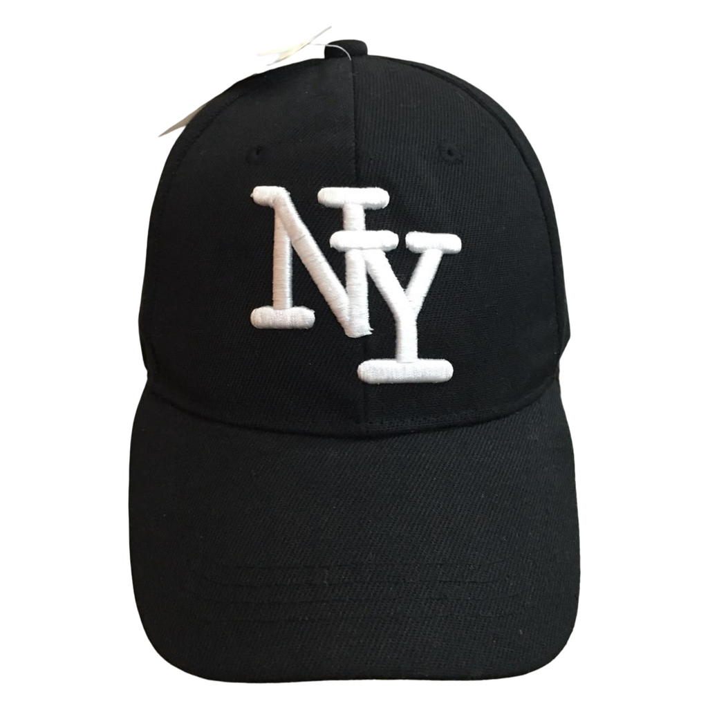 A black baseball cap featuring a white embroidered 'NY' monogram logo on the front, shown against a plain white background.