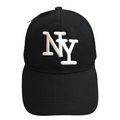 A black baseball cap featuring a white embroidered 'NY' monogram logo on the front, shown against a plain white background.