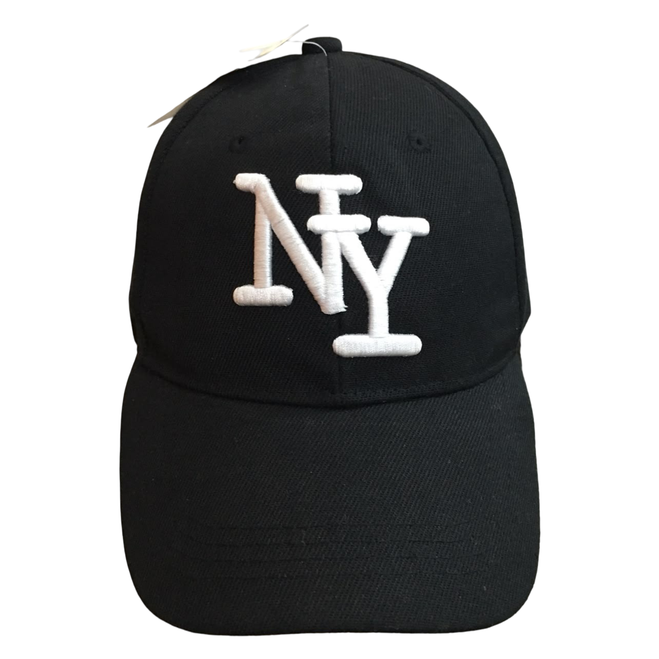 A black baseball cap featuring a white embroidered 'NY' monogram logo on the front, shown against a plain white background.