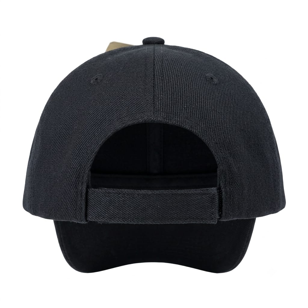 Rear view of a dark charcoal gray baseball cap with an adjustable hook-and-loop strap, shown on a solid white background.