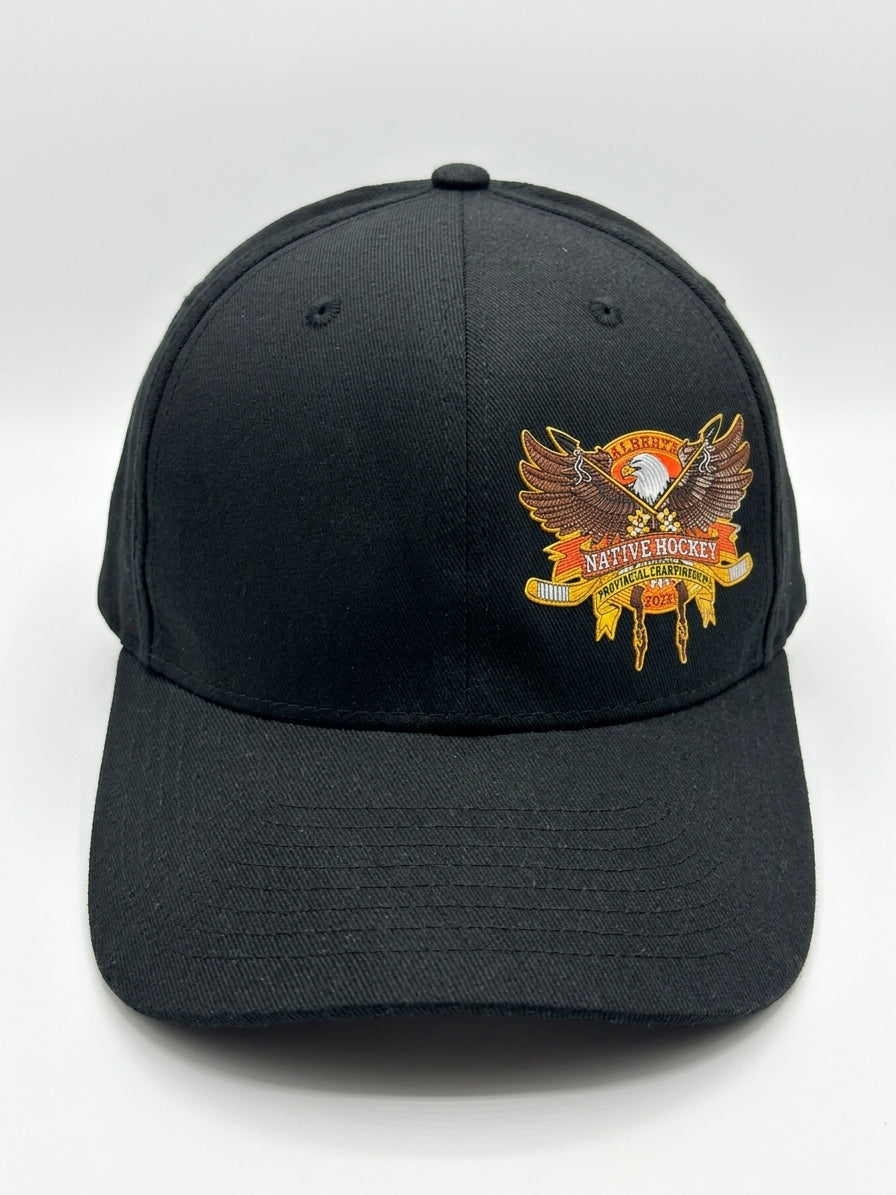 A black baseball cap featuring a detailed embroidered patch on the front with an eagle, a red sun, and the text 'Native Hockey'.