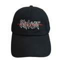 A black baseball cap featuring the Slipknot band logo embroidered in white across the front, with a red heartbeat line running through the logo, set against a plain white background.
