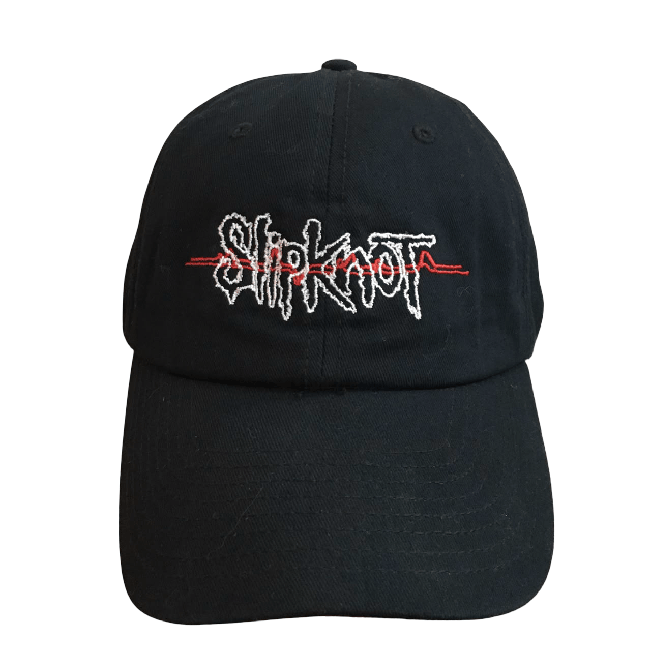 A black baseball cap featuring the Slipknot band logo embroidered in white across the front, with a red heartbeat line running through the logo, set against a plain white background.