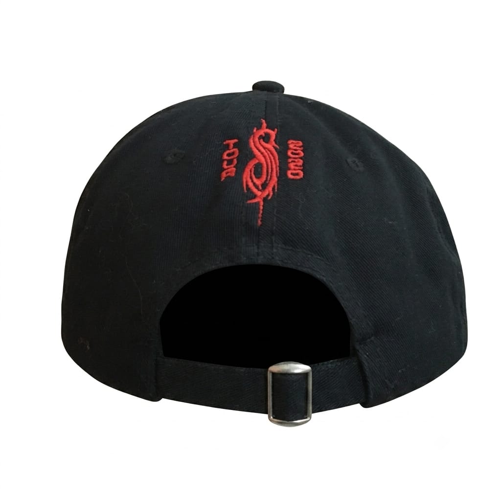 Black baseball cap shown from the back, featuring red embroidered text and a dragon graphic on the crown, with an adjustable black strap and silver metal buckle.