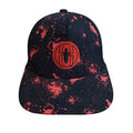 A dark navy blue baseball cap with a red splatter pattern and a red circular spider logo on the front, set against a plain white background.