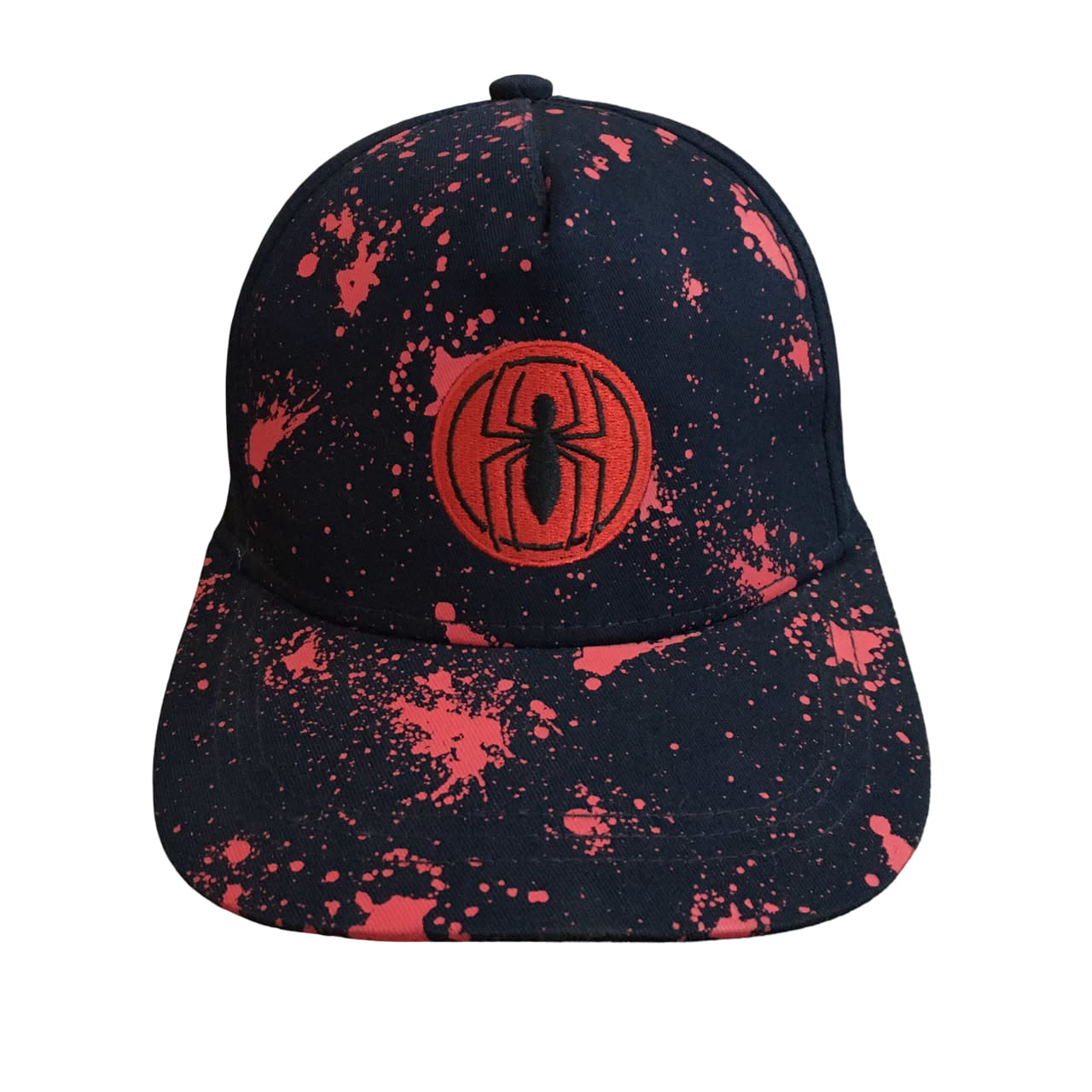 A dark navy blue baseball cap with a red splatter pattern and a red circular spider logo on the front, set against a plain white background.