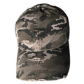 A distressed baseball cap with a gray, black, and beige camouflage pattern, featuring ripped details on the brim.