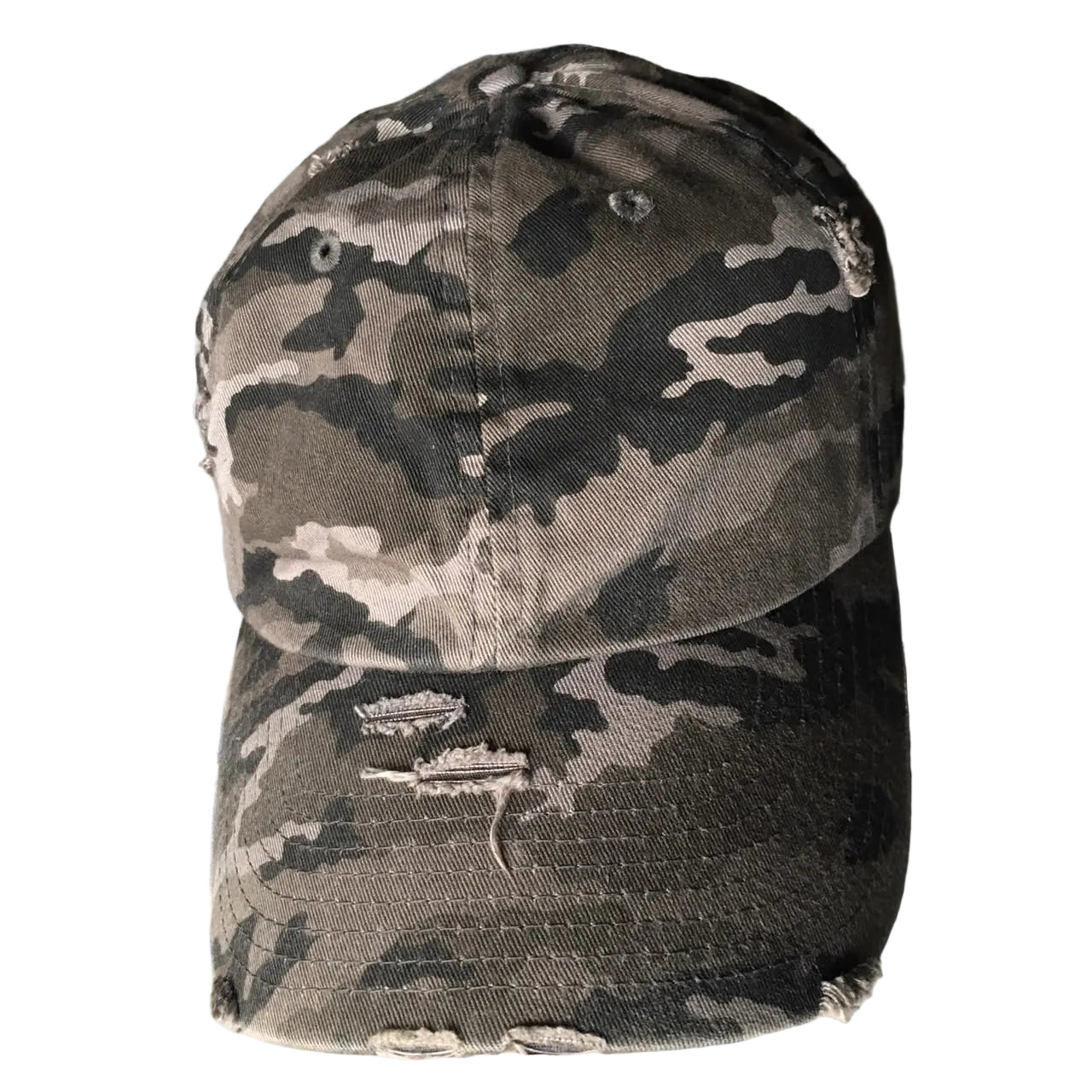 A distressed baseball cap with a gray, black, and beige camouflage pattern, featuring ripped details on the brim.