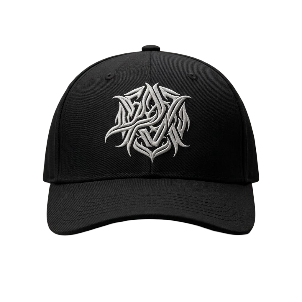 A black baseball cap featuring a stylized, tribal-inspired silver embroidered logo on the front panel, set against a plain white background.