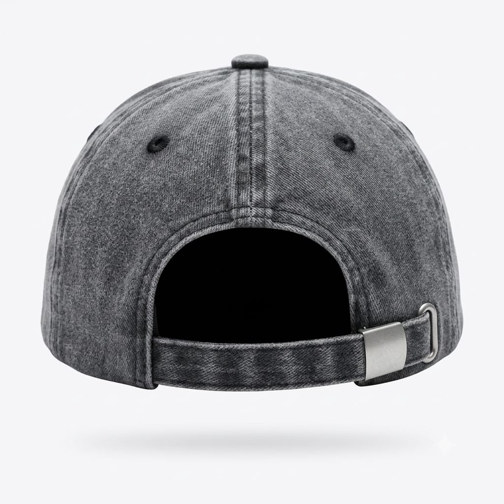 The back view of a washed black denim baseball cap with an adjustable strap and metal slider, shown on a light gray background.