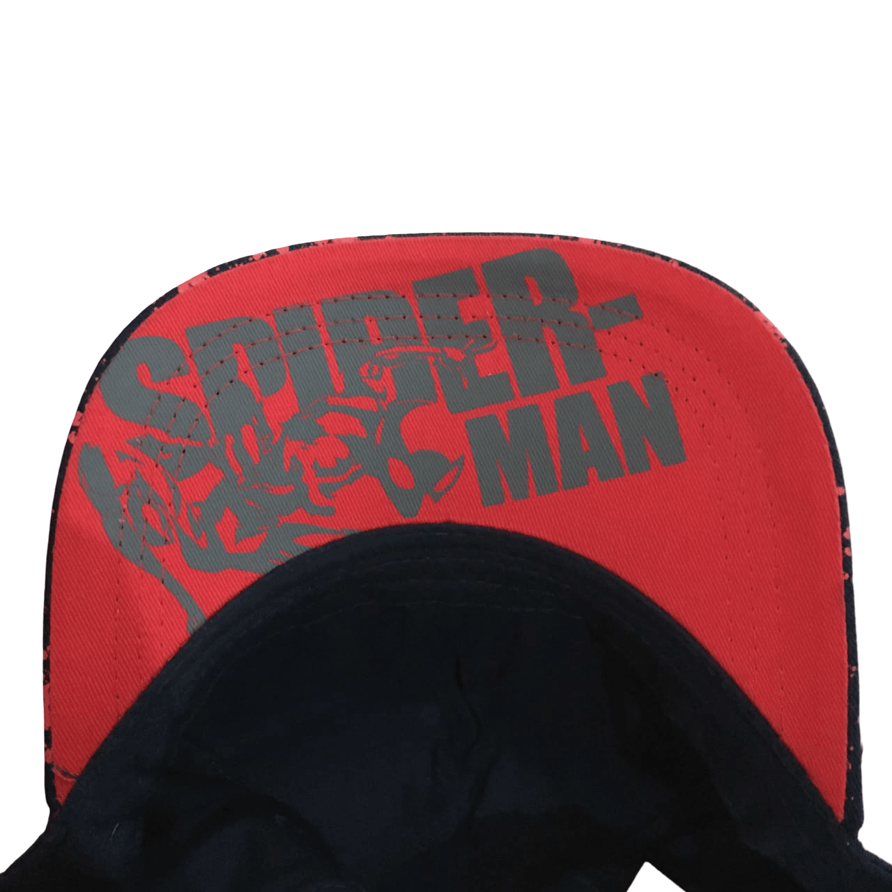 Close-up of the back of a red baseball cap featuring a distressed gray 'SPIDER-MAN' graphic and spider silhouette, with a black curved brim edge visible below.